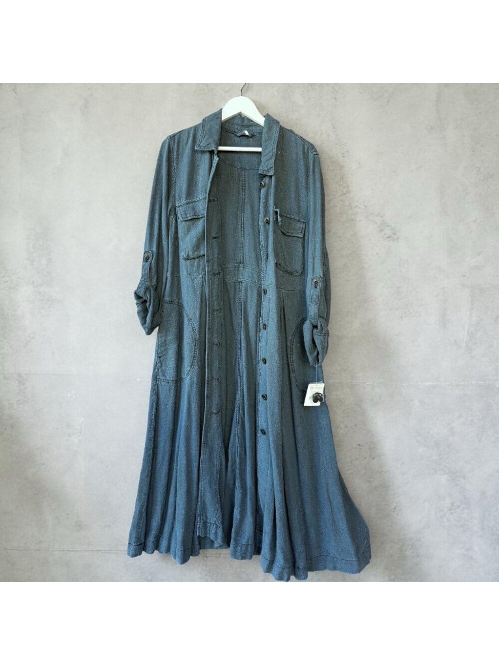 Free People Women’s Size M Duster Coat Dress Long Blue Button Front Boho - Picture 3 of 13